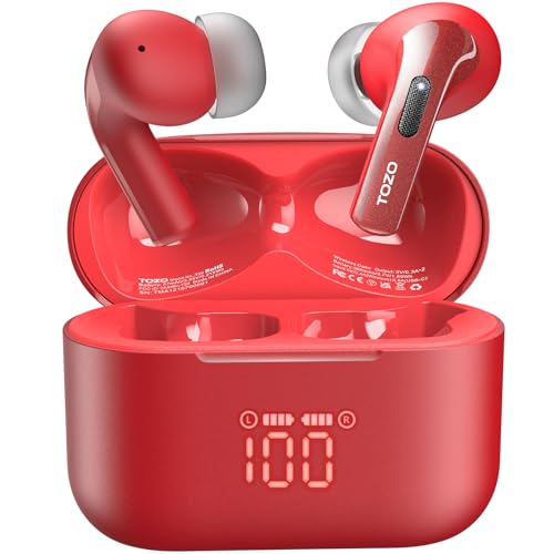 TOZO T20 Wireless Earbuds Bluetooth Headphones 48.5 Hrs Playtime with LED Digital Display, IPX8 Waterproof, Dual Mic Call Noise Cancelling 10mm Broad Range Speakers with Wireless Charging Case Red