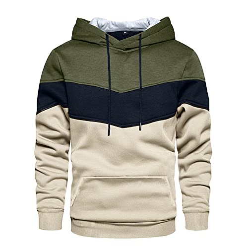 Sweatshirts for Men Trendy Color Block Hoodies Fleece Long Sleeve Hooded Pullover Casual Patchwork Tops with Pocket Boys' Hoodies & Sweatshirts Evaless Sweater Sweats For Men,(Army Green,M)