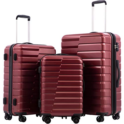 COOLIFE Expandable Suitcase PC ABS TSA Luggage Lock Spinner Carry on (wine red, 3 piece set)