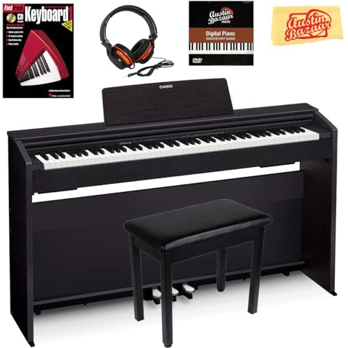 Casio Privia PX-870 Digital Piano - Black Bundle with Furniture Bench, Headphone, Instructional Book, Online Piano Lessons, Austin Bazaar Instructional DVD, and Polishing Cloth