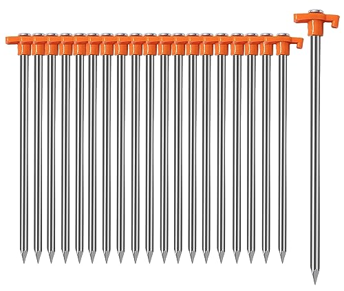 Cheardia 20 Pack Tent Stakes Heavy Duty, 10.25 Inch Yard Stakes Non-Rust Metal Tent Pegs Ground Stakes Tent Spikes for Camping Patio, Garden, Canopies, Grassland, Outdoor – Orange