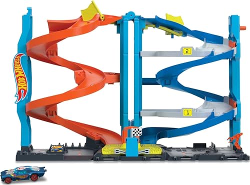 Hot Wheels Toy Car Track Set City Transforming Race Tower, Single to Dual-Mode Racing, with 1:64 Scale Car