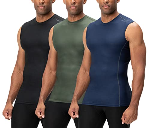 DEVOPS 3 Pack Men's Athletic Compression Shirts Sleeveless (Large, Black/Navy/Olive)