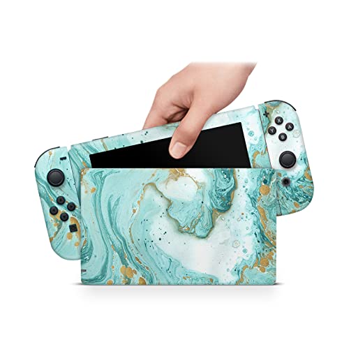 ZOOMHITSKINS Compatible with Nintendo Switch Skin Cover Dolomite Marble Carbonate Minerals Rock Aqua Opal Turquoise Glossy Gold 3M Vinyl Decal Sticker Wrap, Made in The USA