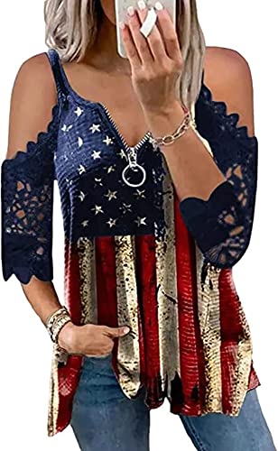 Womens American Flag Star Striped Lace Cold Shoulder T-Shirts 4th of July Independence Day Graphic Shirts (XL, Blue)