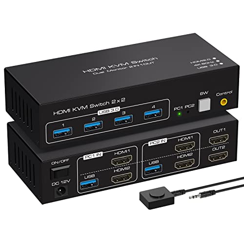 ATLAHET Dual Monitor KVM Switch HDMI 2 Port 4K60Hz KVM Switcher for 2 Computers 2 Monitors with 4 USB 3.0 Ports Support Copy and Extended Display and Desktop Control Including 2 USB 3.0 Cable