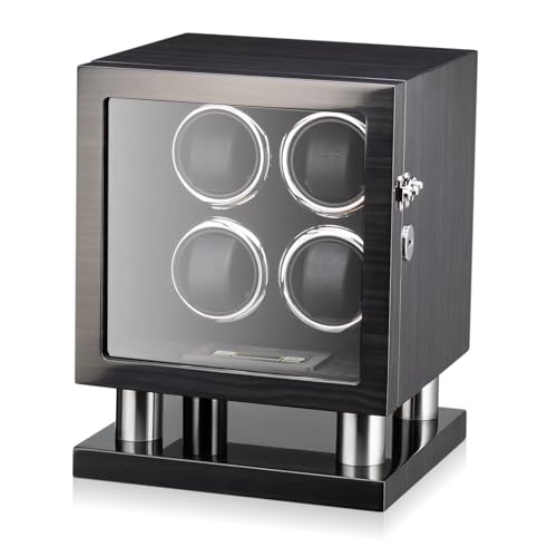 Watch Winder for 4 Automatic Watches with LED Light, LCD Display and Motor-Stop Option (Black & Grey)