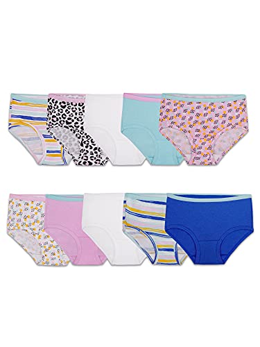 Fruit of the Loom Girls' Big Tag Free Cotton Brief Underwear Multipacks, Brief-10 Pack-White/Stripes/Animal Print, 10