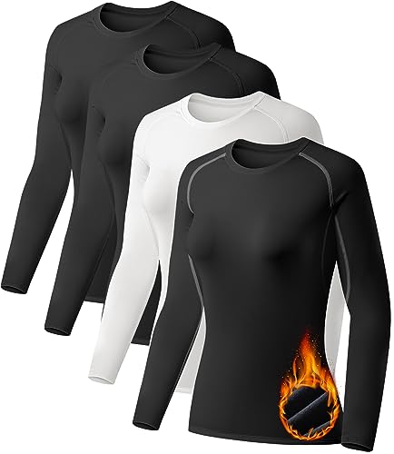 TELALEO 4 Pack Women's Thermal Shirts Fleece Lined Athletic Tops Long Sleeve Compression Workout Baselayer for Cold Weather-S