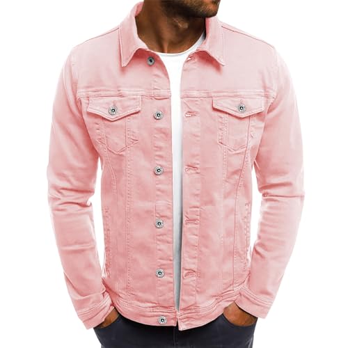 LONGBIDA Men's Casual Classic Denim Jacket Slim Fit Fashion Jean Coat(Pink,S)
