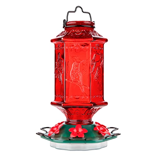 Billion Sky Hummingbird Feeder for Outdoors, Lantern Shaped Bottle, 6 Simulation Flowers Feeding Ports, 26 fl.oz, Hanging for Garden Yard, Rust Proof, Red(Ant Moat Included)