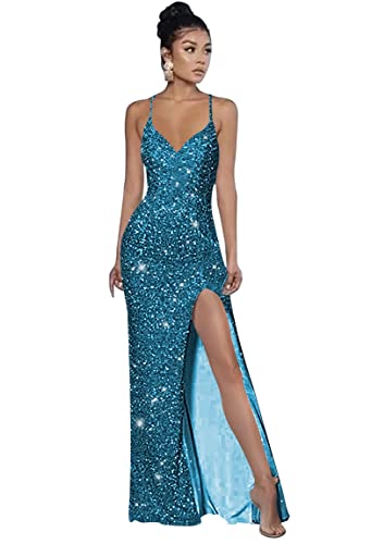 YMSHA Women's Tight Sparkle Prom Sequin Gowns 2023 Spaghetti Strap Long Tight Peacock Evening Party Dress with Slit 10