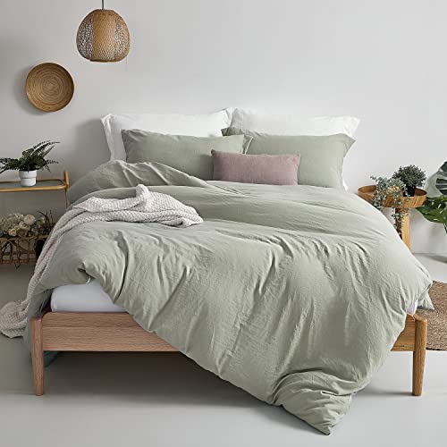 MILDLY Super Soft Duvet Cover - 100% Washed Microfiber October Mist Sage Comforter Cover Set 3 Pieces Queen Size Bedding Set with Zipper Closure & Corner Ties