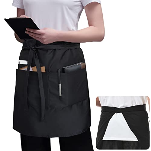 ROTANET Server Apron Black with 3 Pockets 22 Inch Long Waiter Waitress Bistro Half Waist Aprons for Women Men Waterproof