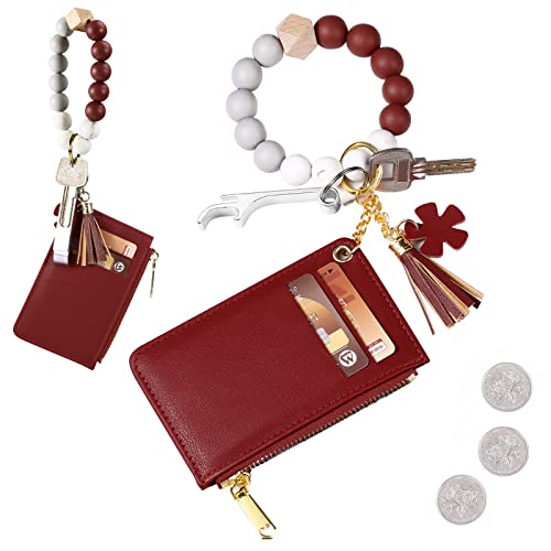 DOMUUH Wallet Keychain Wristlet for Women, Pocket Credit Card Holder Purse Tassel Keychain Bangle Key Ring for Women (red)