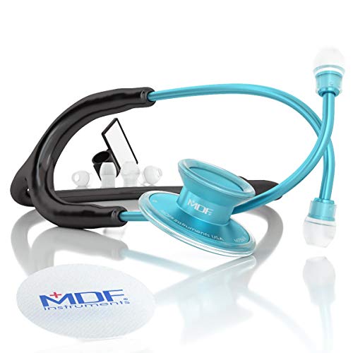 MDF Instruments, Acoustica Lightweight Stethoscope for Doctors, Nurses, Students, Home Health Use, Adult, Dual Head, Black Tube, Aqua Chestpiece-Headset, MDF747XPAQ11