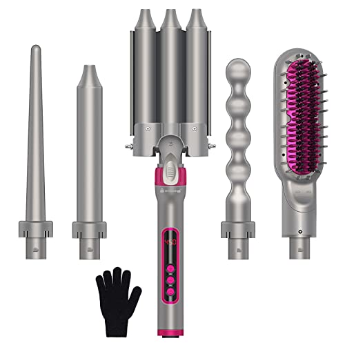 Curling Iron, 5 in 1 Curling Wand Set with 3 Barrel Hair Curler Interchangeable Ceramic Barrels and Hair Straightener Brush, Hair Crimper Instant Heat Up Hair Waver Iron with 5 LCD Temp Control