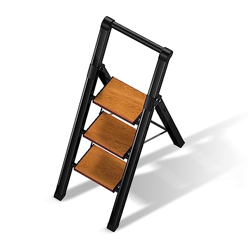 3 Step Ladder, Folding Step Stool with Aluminum Wide Pedal& Convenient Handgrip, 330lbs Capacity Steel Ladder for Household and Office (Black & Woodgrain)