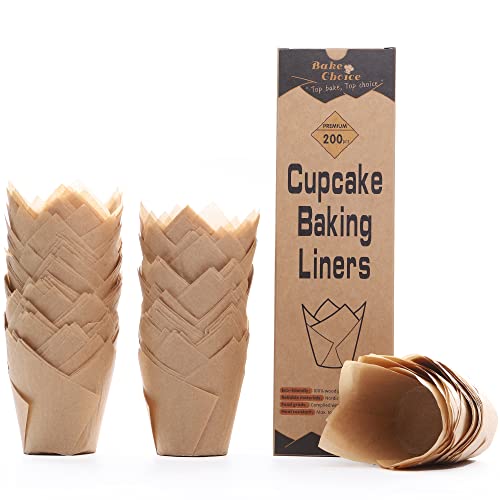 Bake Choice 200pcs Natural Tulip Cupcake Liners for Baking Cups Unbleached European Parchment paper Tulip Muffin Liners, Cupcake Wrapper for Party, Christmas