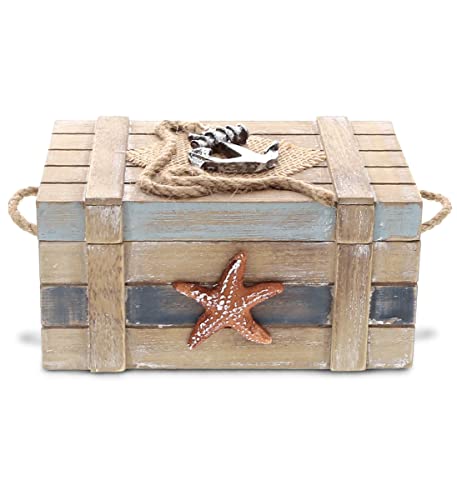 CoTa Global Neptune Wooden Jewelry Box - Handcrafted Nautical Trinket with Starfish and Boat Anchor Decorations, Accent Tabletop Home Decor, Beach Starfish Jewelry Storage Organizer - 6.5 Inches