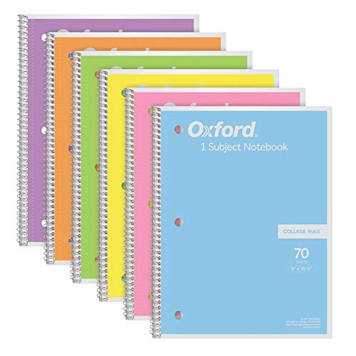 Oxford Spiral Notebook, 1 Subject, College Ruled Paper, 8 x 10-1/2 Inch, Pastel Pink, Orange, Yellow, Green, Blue and Purple, 70 Sheets (63756), Set of 6