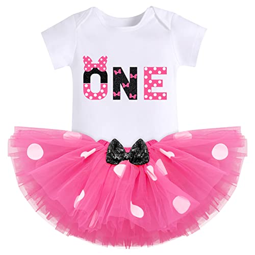 Mouse 1st Birthday Outfit Baby Girl Short Sleeve Romper Polka Dots Mini Tutu Skirt Headband 1 Year Old Cake Smash Photo Shoot I’m One First Birthday Party Supplies Summer Clothes Set Black Hot Pink 1T