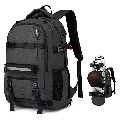 RUCYEN Skateboard Backpack, Laptop Backpack with USB Charging Port, RFID Anti-Theft Lock, Waterproof Fabric, Fits up to 15.6 Inch Laptop, for Business Travel Men(Dark Grey)