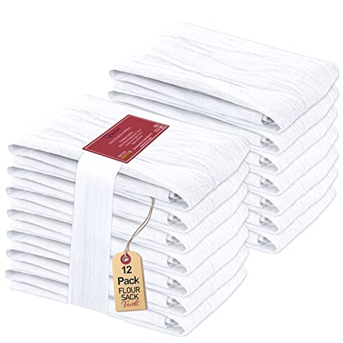 RUVANTI Flour Sack Towels 12 Pack 28 x 28 Inches, Ring Spun 100% Cotton Flour Sack Dish Towels, Machine Washable, Absorbent Tea Towels - Flour Sack Kitchen Towels for Drying and Cleaning - White