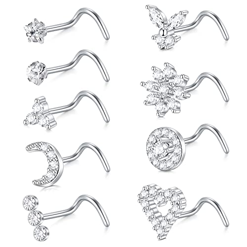 VCMART Nose Studs 18G Nose Rings Studs Stainless Steel Nose Rings Nose Screw Stud Corkscrew Nose Rings Stud for Women Flower Heart Star Diamond Nose Piercing Stud Silver Nostril Piercing Jewelry