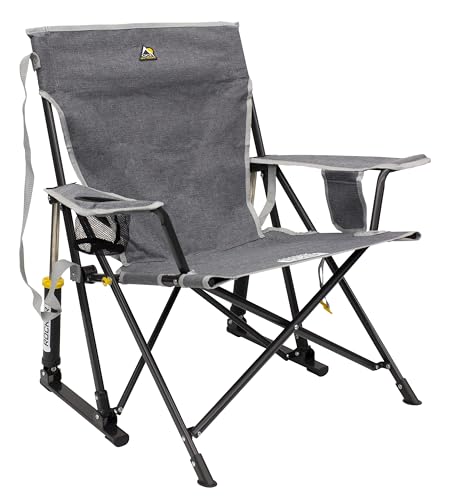 GCI Outdoor Kickback Rocker Camping Chair | Portable Folding Rocking Chair with Durable Armrests, Drink Holder & Relaxed Lowered Seat for Comfort — Grey