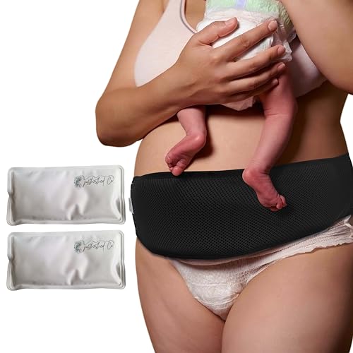 Justbirthed Co. Postpartum C Section Recovery Band, Maternity Belly Band, Targeted Hot + Cold Therapy to Abdomen, Hot Cold Gel Packs, One Size, Black