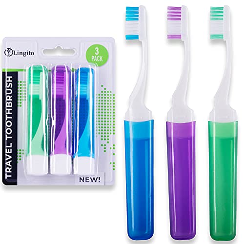 Lingito Travel Toothbrushes, Mini Toothbrush with Toothbrush Cover, Camping Toothbrush, Travel Size Toothbrush with Toothbrush Case Portable Toothbrush, Adults Travel Toothbrush Kit (3 Pack)
