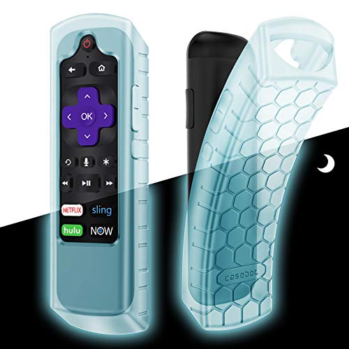 CaseBot Remote Case for Roku Voice, Express HD / 4K+, Ultra LT Enhanced 3930, Premiere+ 3921, Streaming Stick+ Remote, Honey Comb Anti Slip Shockproof Silicone Cover, Blue Glow