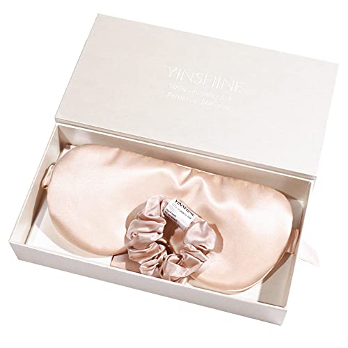 Silk Sleep Mask Set, Silk Hair Scrunchies and Silk Bags for Eye Skin and Sleeping 100% Pure Mulberry Silk 22 Momme Silk with Gift Box(Candy Pink)