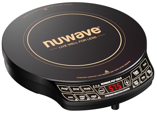 Nuwave Precision Induction Cooktop Gold, 12” Shatter-Proof Ceramic Glass Surface, Large 8” Heating Coil, Portable, 51Temp Settings 100°F to 575°F, 3 Wattage Settings 600, 900, and 1500 Watts