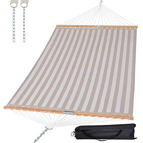 SUNCREAT Hammocks 14 FT Quick Dry Hammock Double Size with Spreader Bar, 2 Person Hammock for Outdoor Patio Yard Poolside, 450 lbs Capacity, Light Gray Stripes