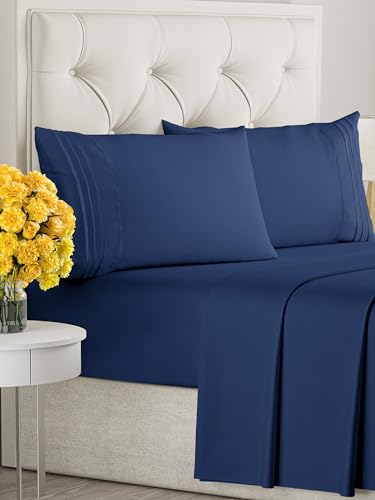 Queen Size 4 Piece Sheet Set - Comfy Breathable & Cooling Sheets - Hotel Luxury Bed Sheets for Women & Men - Deep Pockets, Easy-Fit, Soft & Wrinkle Free Sheets - Navy Blue Oeko-Tex Bed Sheet Set