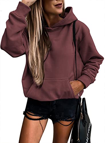 SHEWIN Womens Hoodie Pullover Long Sleeve Solid Fleece Fashion Hoodies Sweatshirts Cozy Lightweight Fall Oversized Sweatshirt for Teen Girls,US 16-18(XL),Dark Red