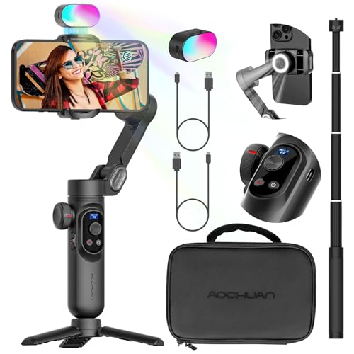 AOCHUAN Professional 3-Axis Gimbal Stabilizer for Smartphone w/RGB Fill Light Extension Rod OLED Display Wireless Charging for iPhone 15 14 13 Pro/Max Galaxy S22 TikTok YouTube (Smart X Pro Combo1)
