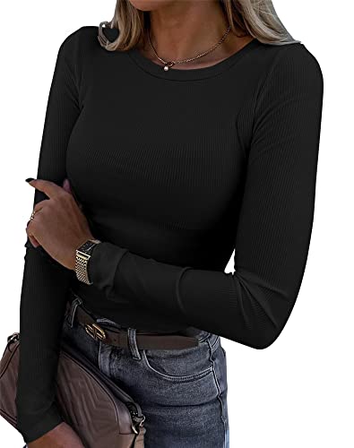 Roselux Womens Long Sleeve Stretch Crewneck Ribbed T-Shirt Fitted Casual Basic Tops(3922,Black-M)