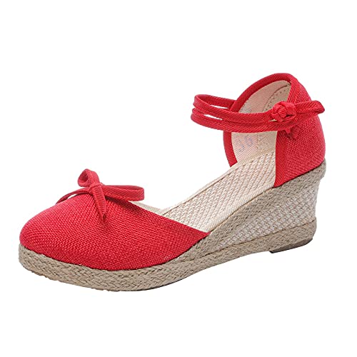 Shengsospp Women's Espadrille Wedge Sandal Casual Shoes Breathable Slip-on Outdoor Leisure Sandals Low Wedge Espadrille Sandals 06_Red, 6.5-7