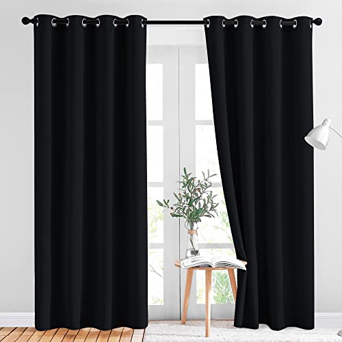 NICETOWN Black Blackout Curtains for Bedroom 84 inches Long - Light Reducing Thermal Insulated Solid Grommet Black Out Curtains/Panels/Drapes for Living Room (Set of 2, W52 x L84)