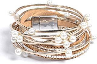 Artilady Leather Wrap Bracelet for Women - Handmade Clasp Bangle Bracelet with Pearl Beads Crystal Wristbands Jewelry Gift for Ladies and Mother