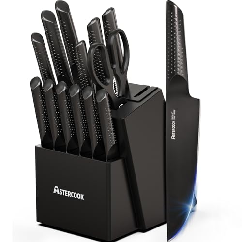 Astercook Knife Set, 15 Pieces Chef Kitchen Knife Set with Block, Built-in Knife Sharpener, German Stainless Steel Handle One-Piece Design Knife Block Set Dishwasher Safe, Gifts for Mothers Day