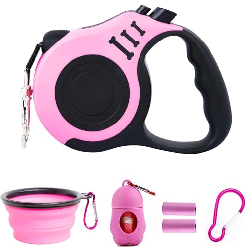 PETIMP Retractable Dog Leash Lightweight 16FT Leash, with Folding Bowl,Dispenser,Waste Bags, for Small Medium Dogs(Pink)