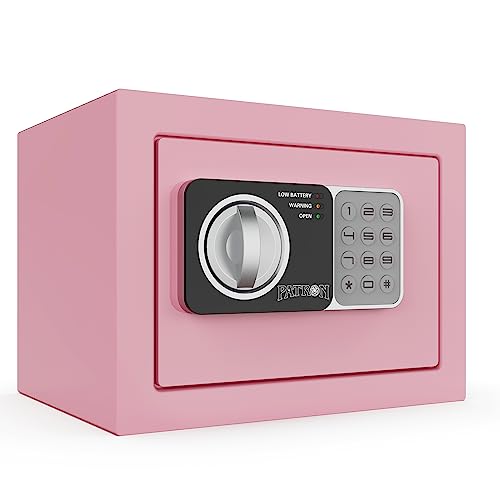 PATRON small safe box with key，mini safe for money，small coin safes for home with code，little jewelry lock box for kids，Wall or Cabinet Safe for personal items，0.236 Cubic Feet Pink