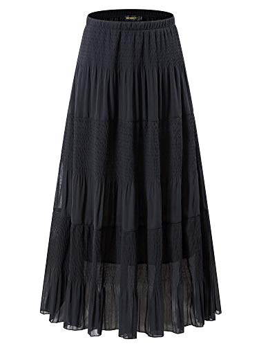 NASHALYLY Women's Chiffon Elastic High Waist Pleated A-Line Flared Maxi Skirts(Black,M)