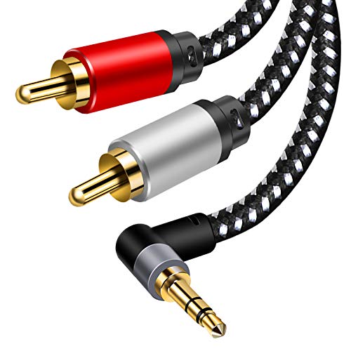 3.5mm Aux Cables, 90° RCA Audio Cable, 3.5mm to 2-Male RCA Stereo Splitter Cable 1/8' Right Angle TRS to RCA Straight Plug Audio Auxiliary Cord,Hi-Fi Sound, Nylon Braided (9.8ft/3m)