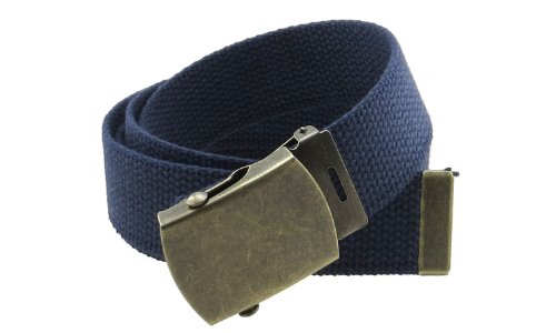 Canvas Web Belt Military Style with Antique Brass Buckle and Tip 50' Long (Navy)