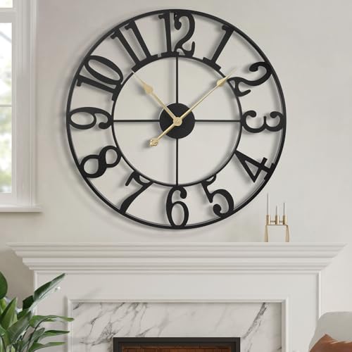 LEIKE Large Wall Clock - 16 Inch Retro Farmhouse Silent Non-Ticking Battery Operated Indoor Outdoor Oversized Decorative Black Metal Wall Clocks for Living Room, Dinner Room, Office Decor